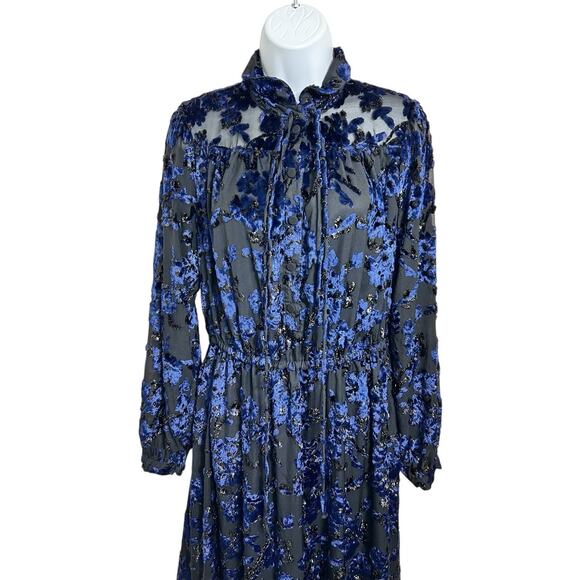 Adam Lippes Collective RTR Velvet Embroidered Black Navy Midi Dress Sz 6 Floral - Picture 7 of 13